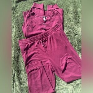 Victorias Secret Henley Jogger Pant PJ SET Glow Waffle Knit Maroon XXL